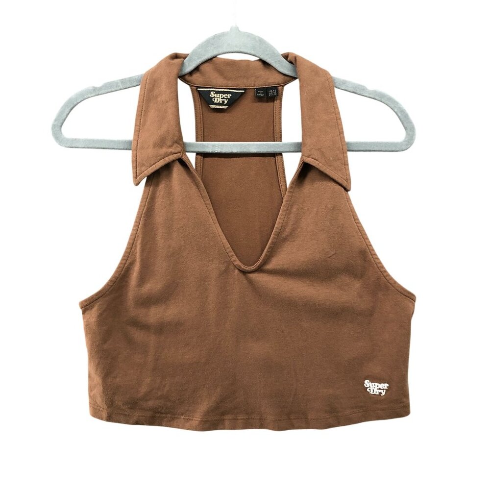 Superdry Cropped Tank Top Womens Size 10 Brown V-Neck Collared‎ Sleeveless